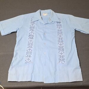 Romani Men's Light Blue Embroidered Short Sleeve Button-Up Shirt Woven XXL